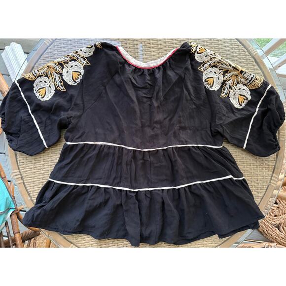 Entro Babydoll Blouse Black Embroidered Boho Butterfly Top Size L Large - Picture 3 of 7